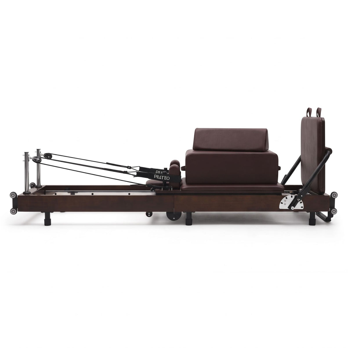 Pilates reformer pieghevole Flexi espresso bordeaux, vista laterale con sitting box