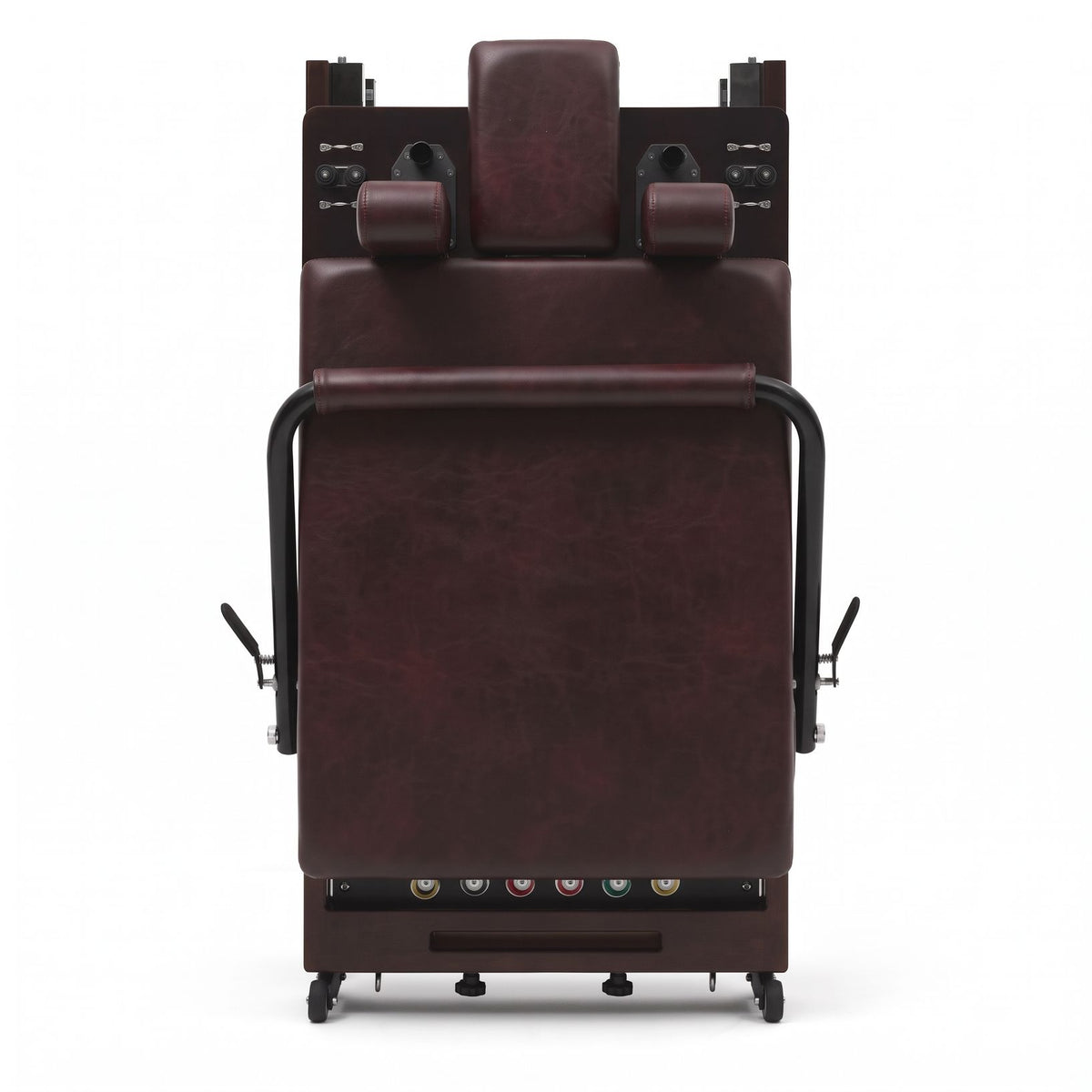 Pilates reformer pieghevole Flexi espresso bordeaux, riposto in verticale