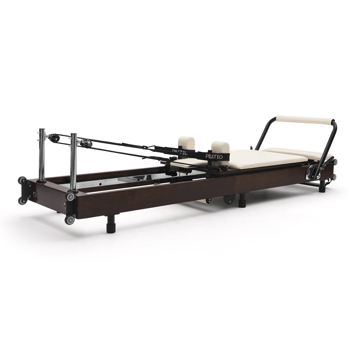 Reformer Pilates pieghevole Flexi, legno espresso fumé, rivestimento bianco latte – vista 3/4