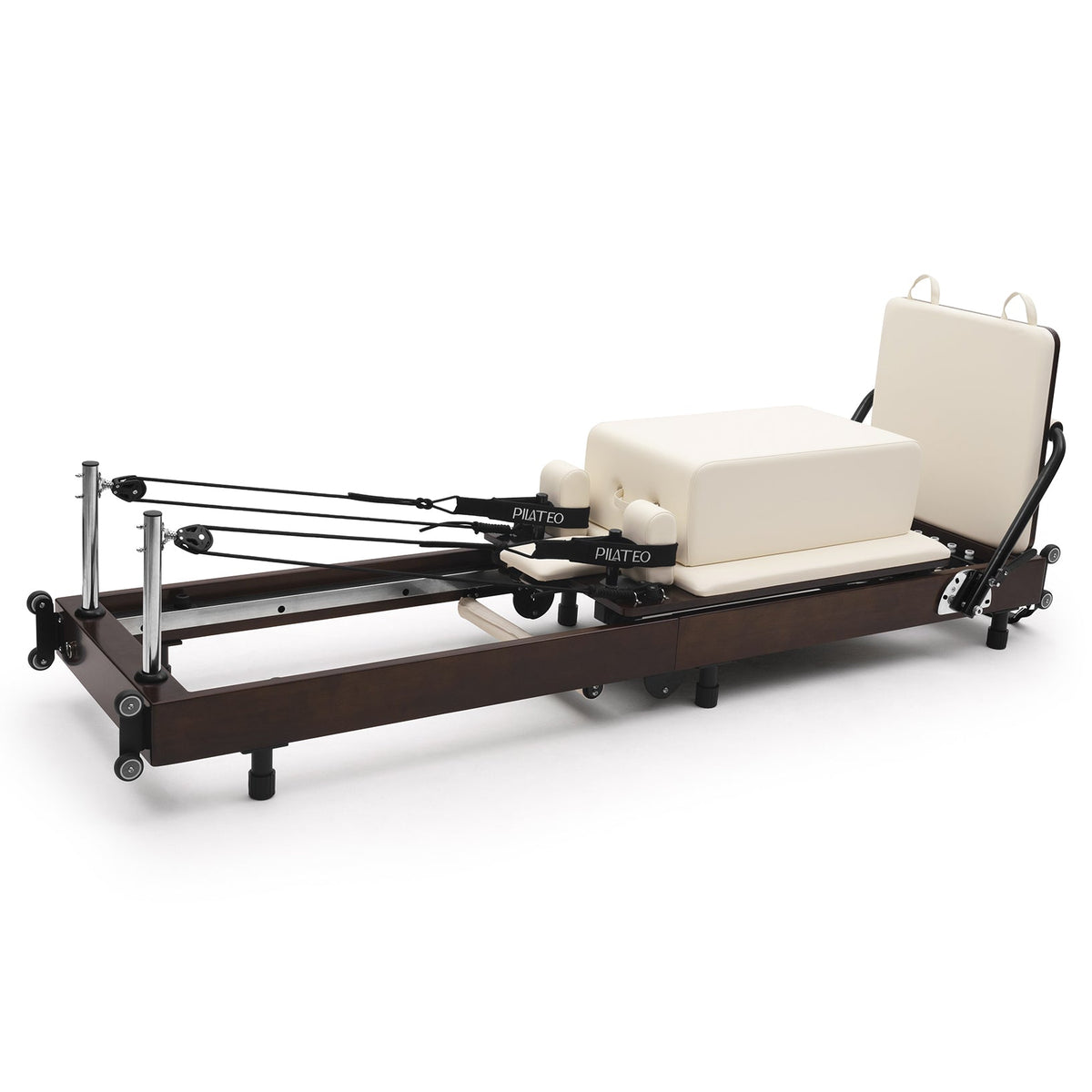 Reformer Pilates pieghevole Flexi, legno espresso fumé, rivestimento bianco latte – vista 3/4 con sitting box