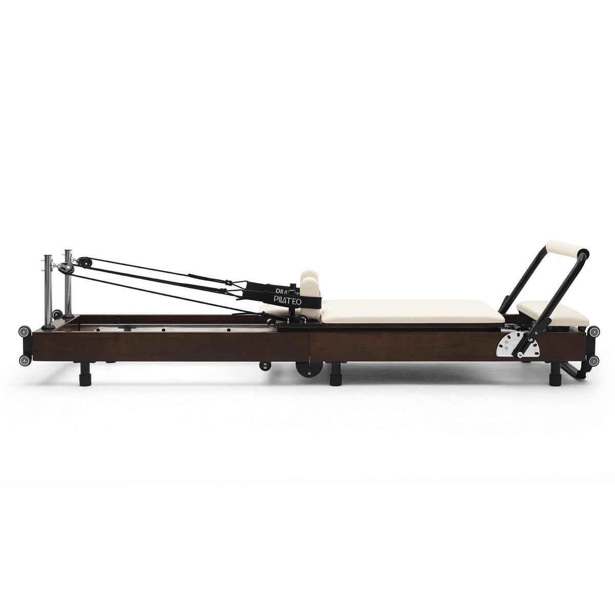 Reformer Pilates pieghevole Flexi, legno espresso fumé, rivestimento bianco latte – vista laterale