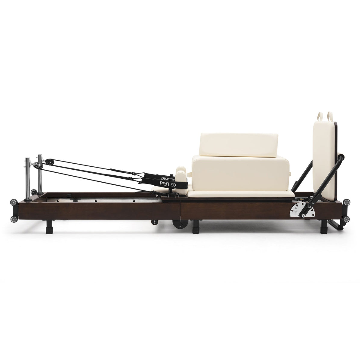 Reformer Pilates pieghevole Flexi, legno espresso fumé, rivestimento bianco latte – vista laterale con sitting box
