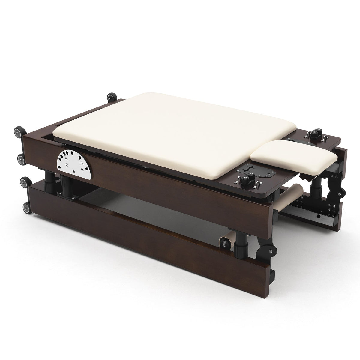 Reformer Pilates pieghevole Flexi, legno espresso fumé, rivestimento bianco latte – chiuso