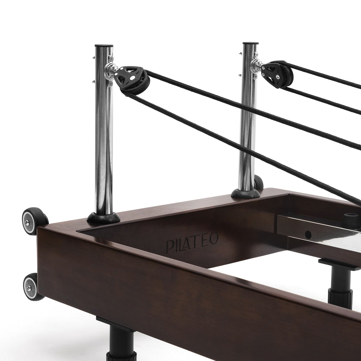 Reformer Pilates pieghevole Flexi, legno espresso fumé, rivestimento bianco latte – montanti delle carrucole