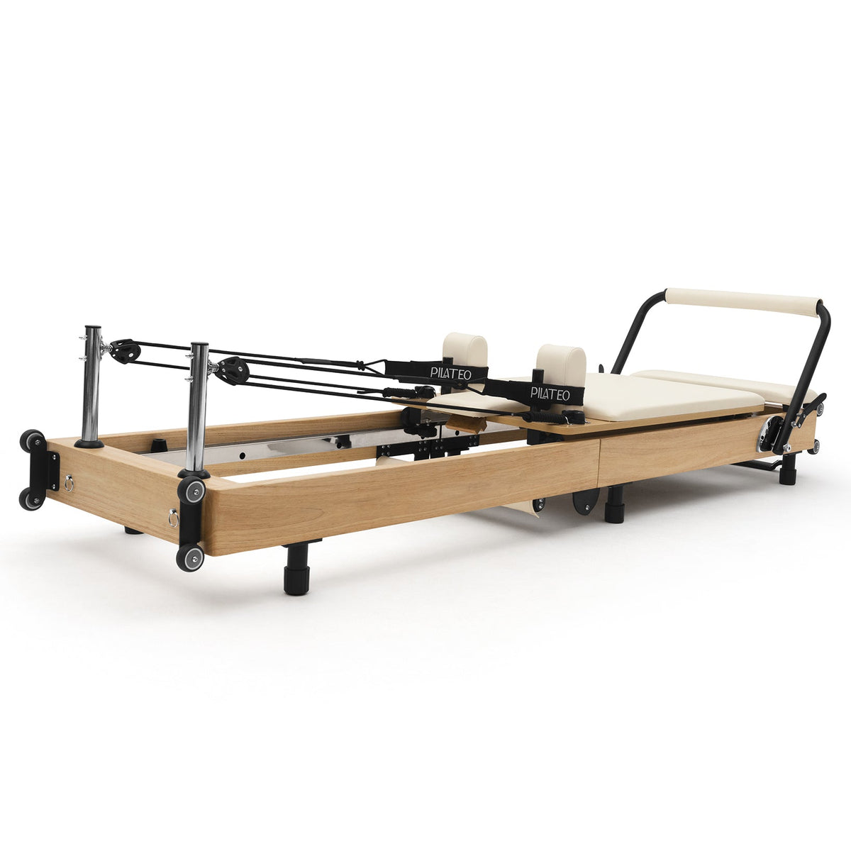 Reformer Pilates pieghevole Flexi, legno naturale, rivestimento bianco latte – vista 3/4