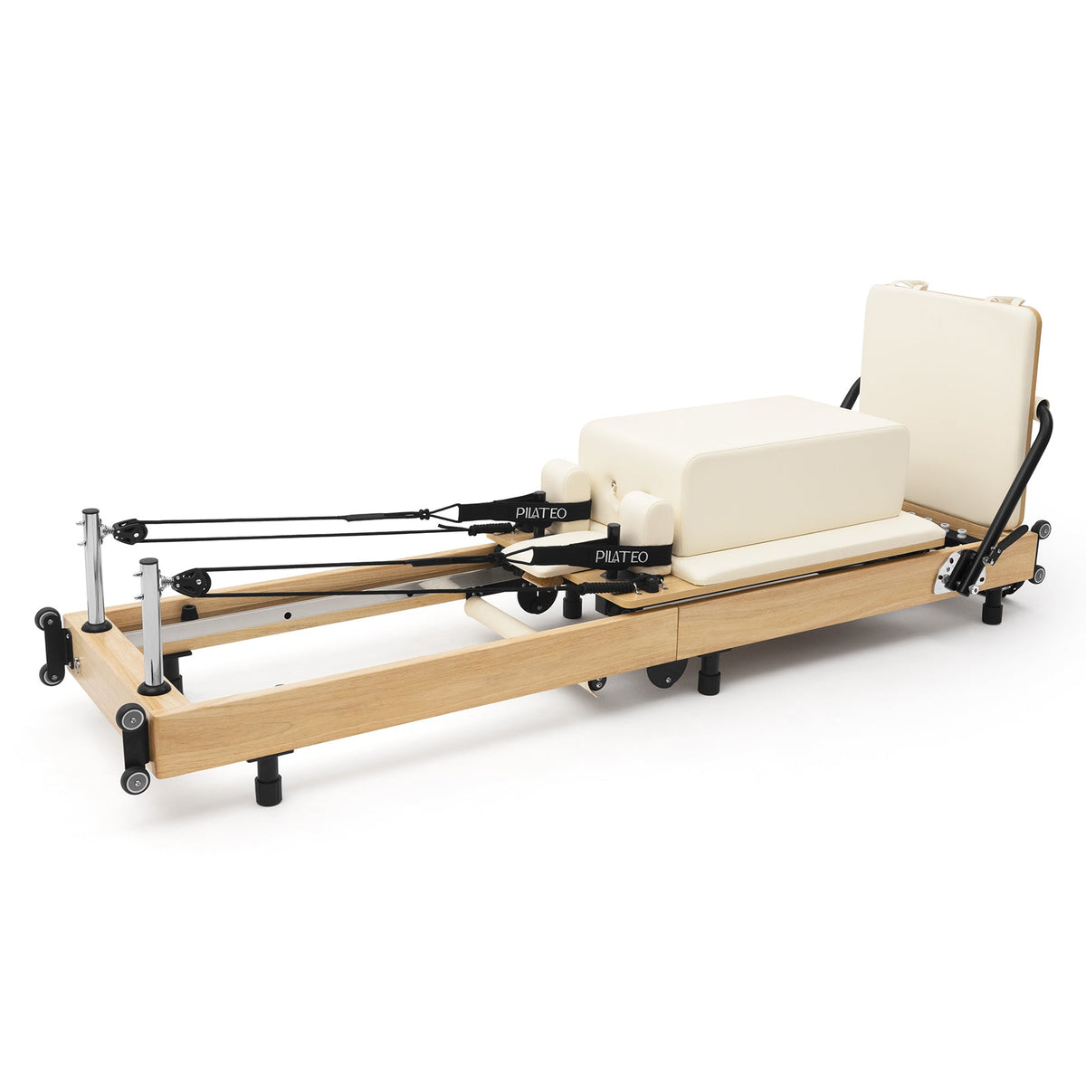 Reformer Pilates pieghevole Flexi, legno naturale, rivestimento bianco latte – vista 3/4 con sitting box
