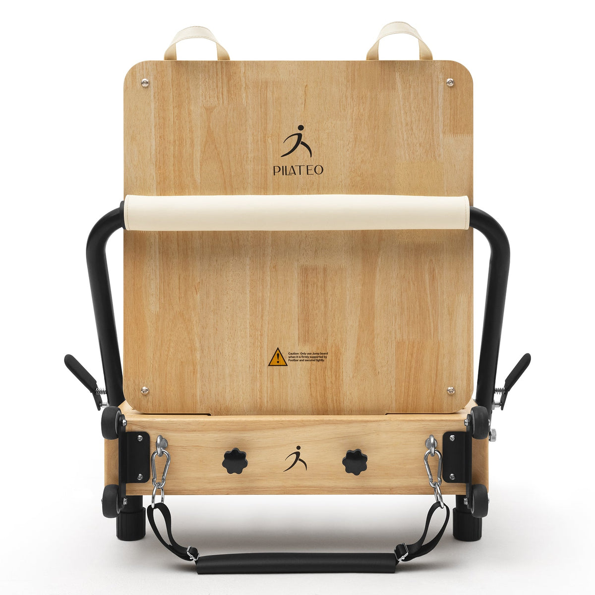Reformer Pilates pieghevole Flexi, legno naturale, rivestimento bianco latte – jumpboard, vista posteriore