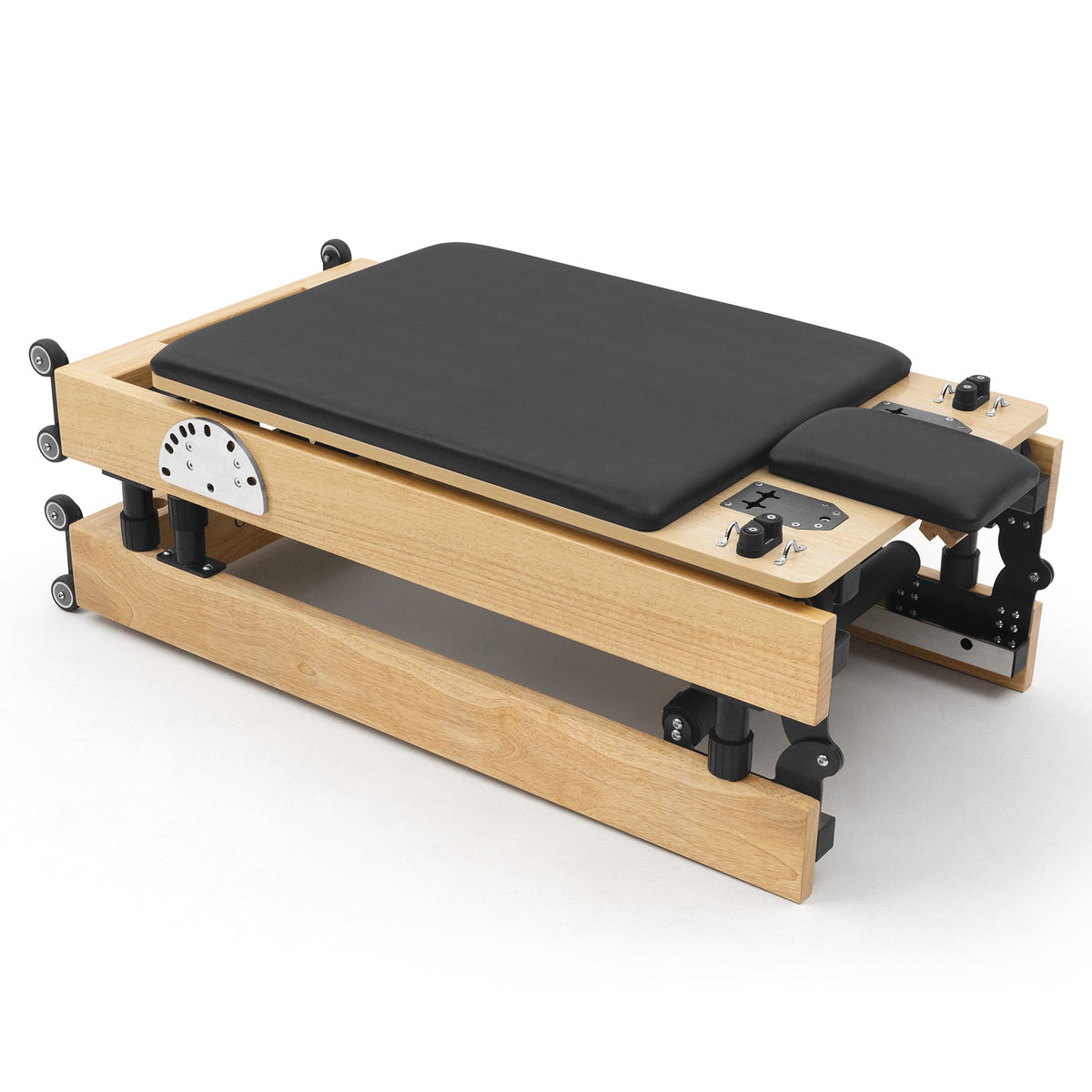 Reformer Pilates pieghevole Flexi, legno naturale, rivestimento nero – chiuso