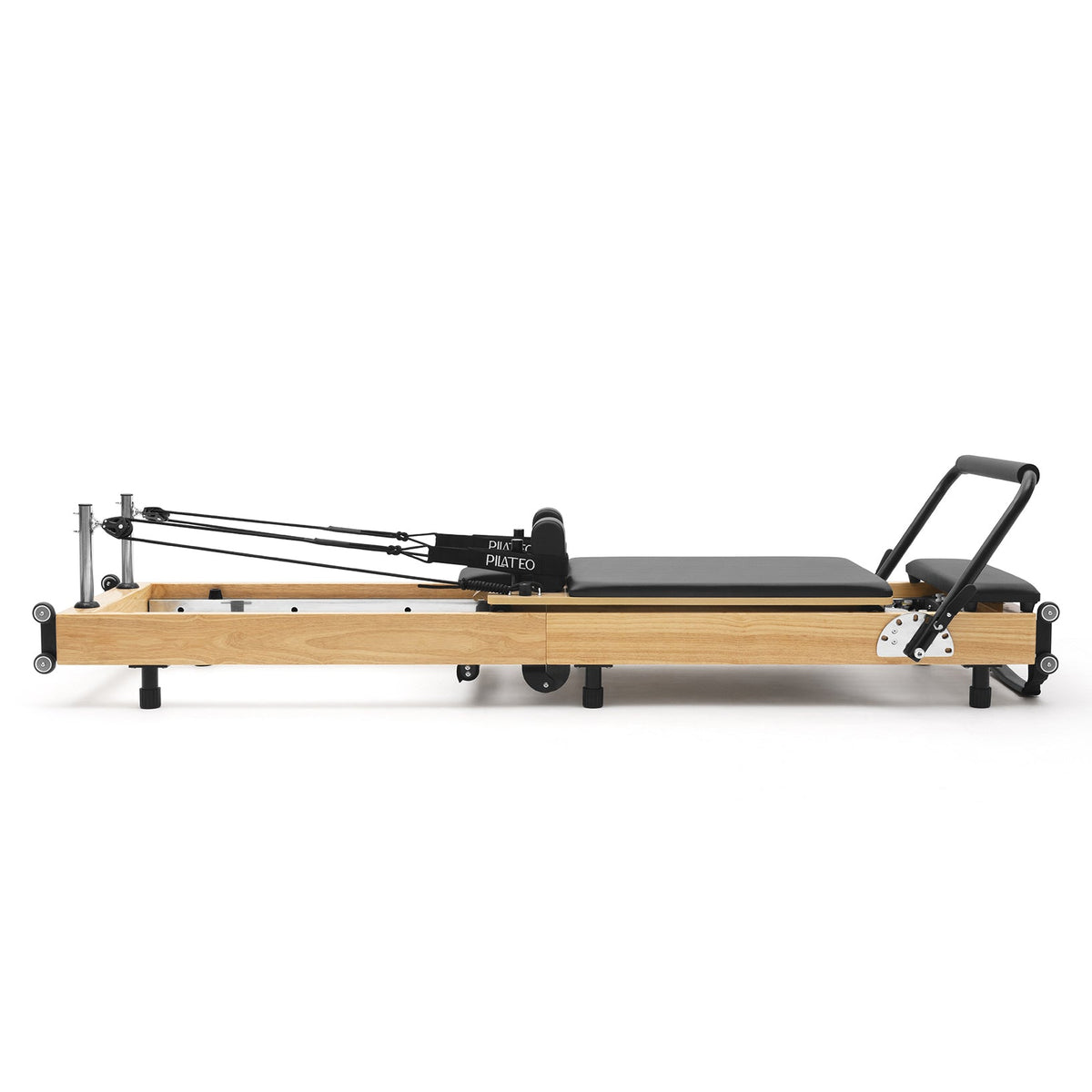 Reformer Pilates pieghevole Flexi, legno naturale, rivestimento nero – vista laterale