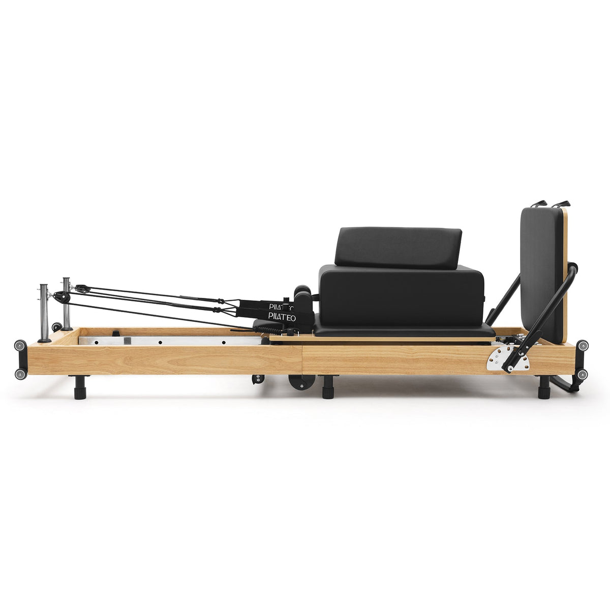 Reformer Pilates pieghevole Flexi, legno naturale, rivestimento nero – vista laterale con sitting box
