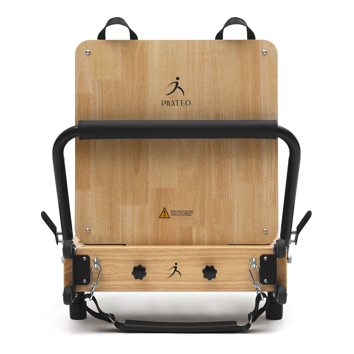 Reformer Pilates pieghevole Flexi, legno naturale, rivestimento nero – jumpboard, vista posteriore