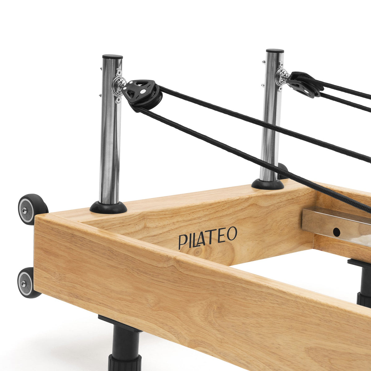 Reformer Pilates pieghevole Flexi, legno naturale, rivestimento nero – montanti delle carrucole